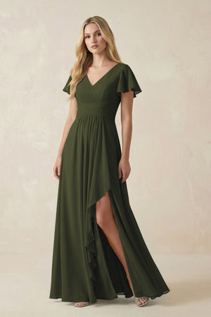 Olive V-Neck Flutter Sleeve A-Line Chiffon Bridesmaid Dress | KISSBRIDAL