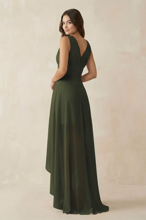 Olive V-Neck High-Low Chiffon Bridesmaid Dress (2) | KISSBRIDAL
