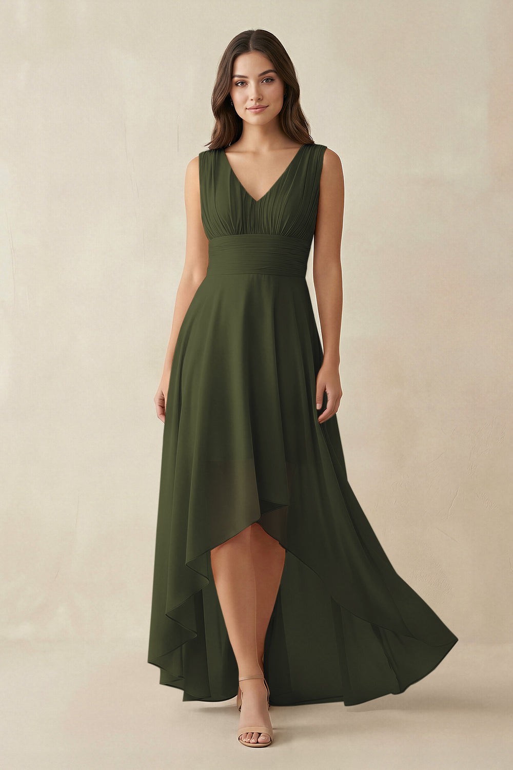 V-Neck High-Low Chiffon Bridesmaid Dress in Olive