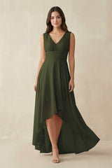 Olive V-Neck High-Low Chiffon Bridesmaid Dress | KISSBRIDAL