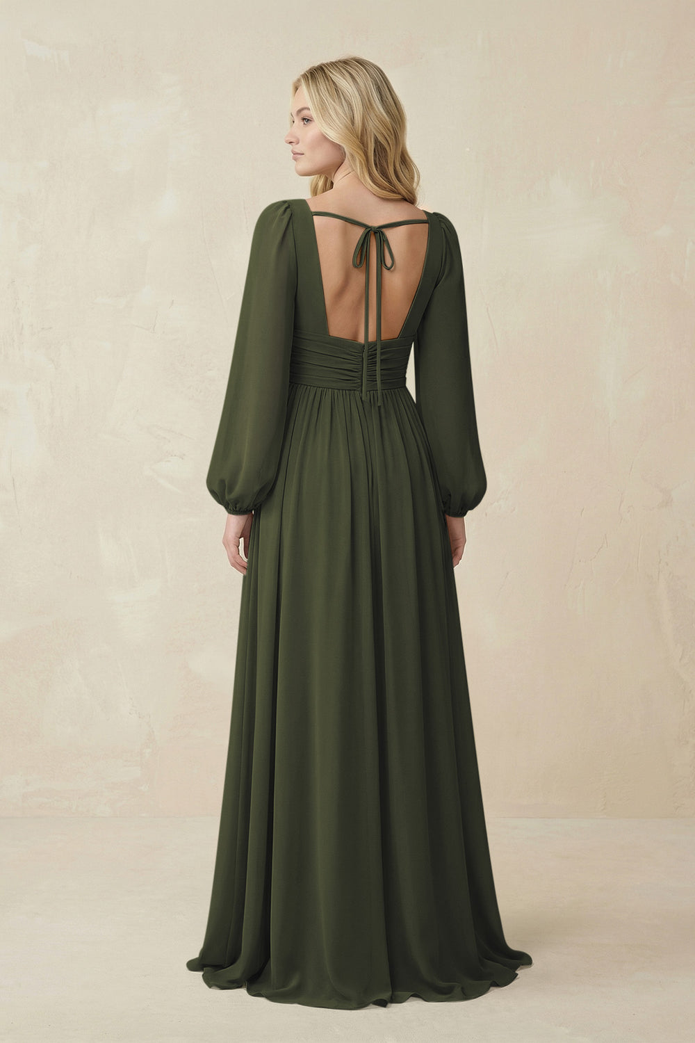 V-Neck Long Sleeve A-Line Chiffon Bridesmaid Dress in Olive