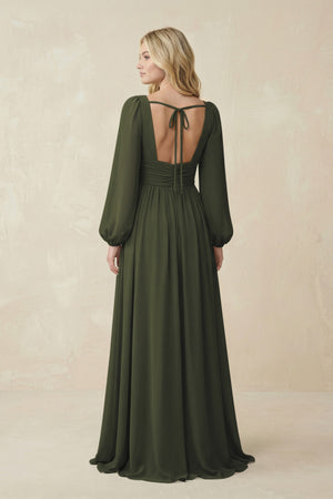 Olive V-Neck Long Sleeve A-Line Chiffon Bridesmaid Dress (2) | KISSBRIDAL