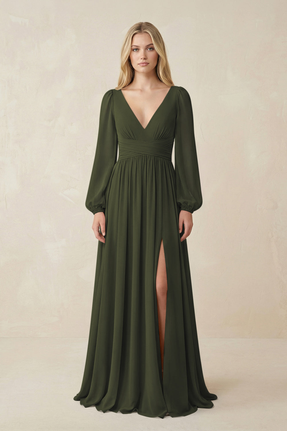 V-Neck Long Sleeve A-Line Chiffon Bridesmaid Dress in Olive