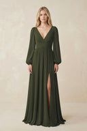 Olive V-Neck Long Sleeve A-Line Chiffon Bridesmaid Dress | KISSBRIDAL