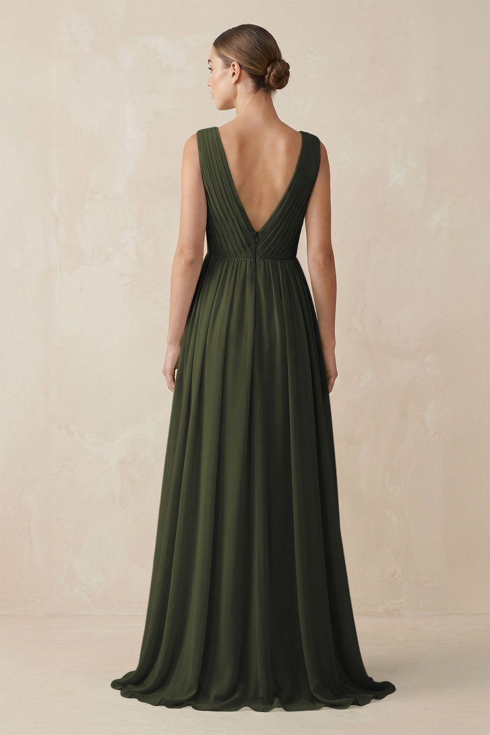 V-Neck Pleated A-Line Chiffon Bridesmaid Dress in Olive