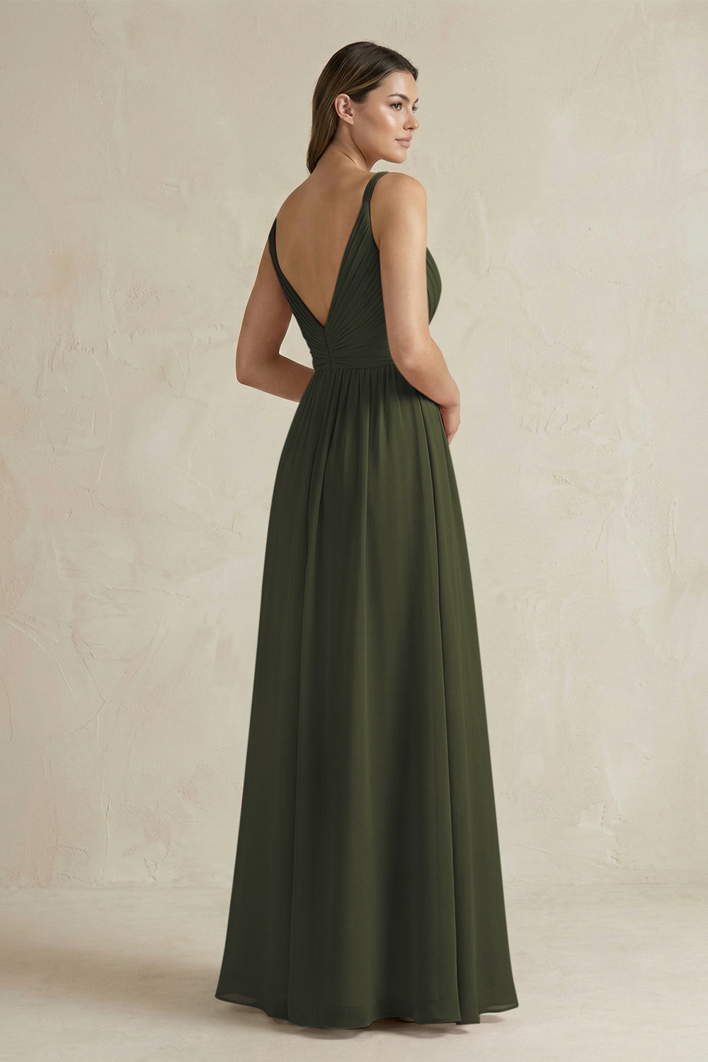 V-Neck Pleated A-Line Chiffon Bridesmaid Dress in Olive