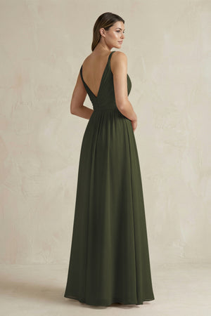 Olive V-Neck Pleated A-Line Chiffon Bridesmaid Dress (2) | KISSBRIDAL