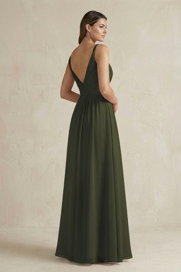 Olive V-Neck Pleated A-Line Chiffon Bridesmaid Dress (2) | KISSBRIDAL