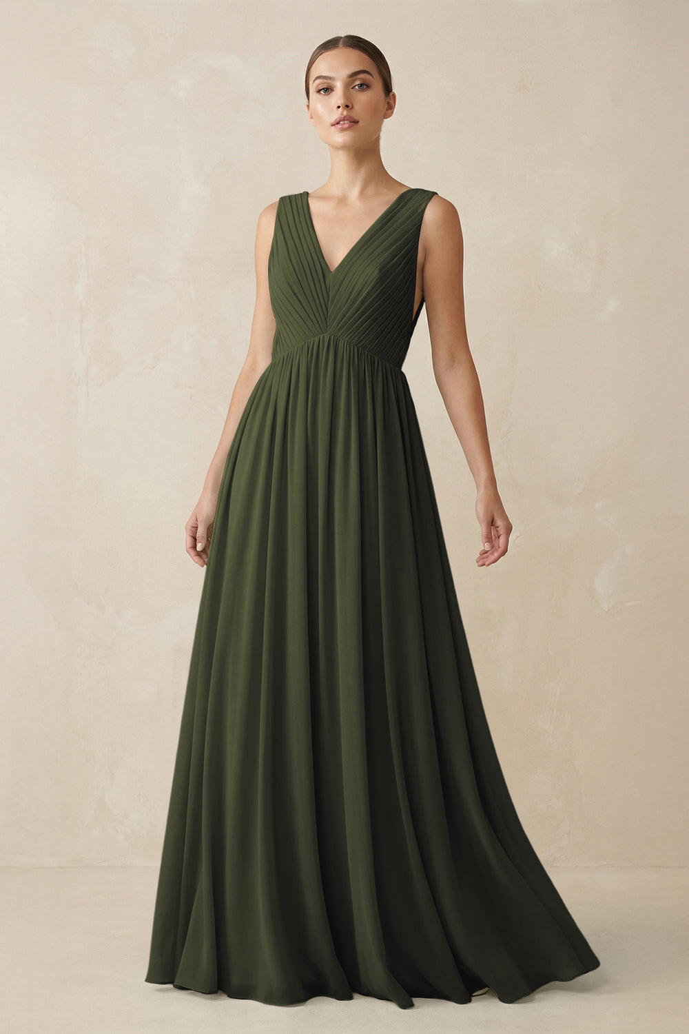 V-Neck Pleated A-Line Chiffon Bridesmaid Dress in Olive