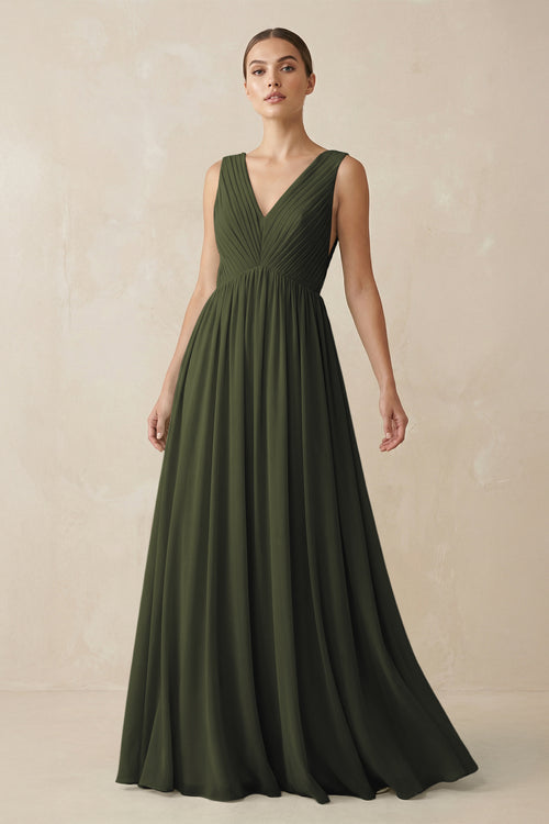 Olive V-Neck Pleated A-Line Chiffon Bridesmaid Dress | KISSBRIDAL