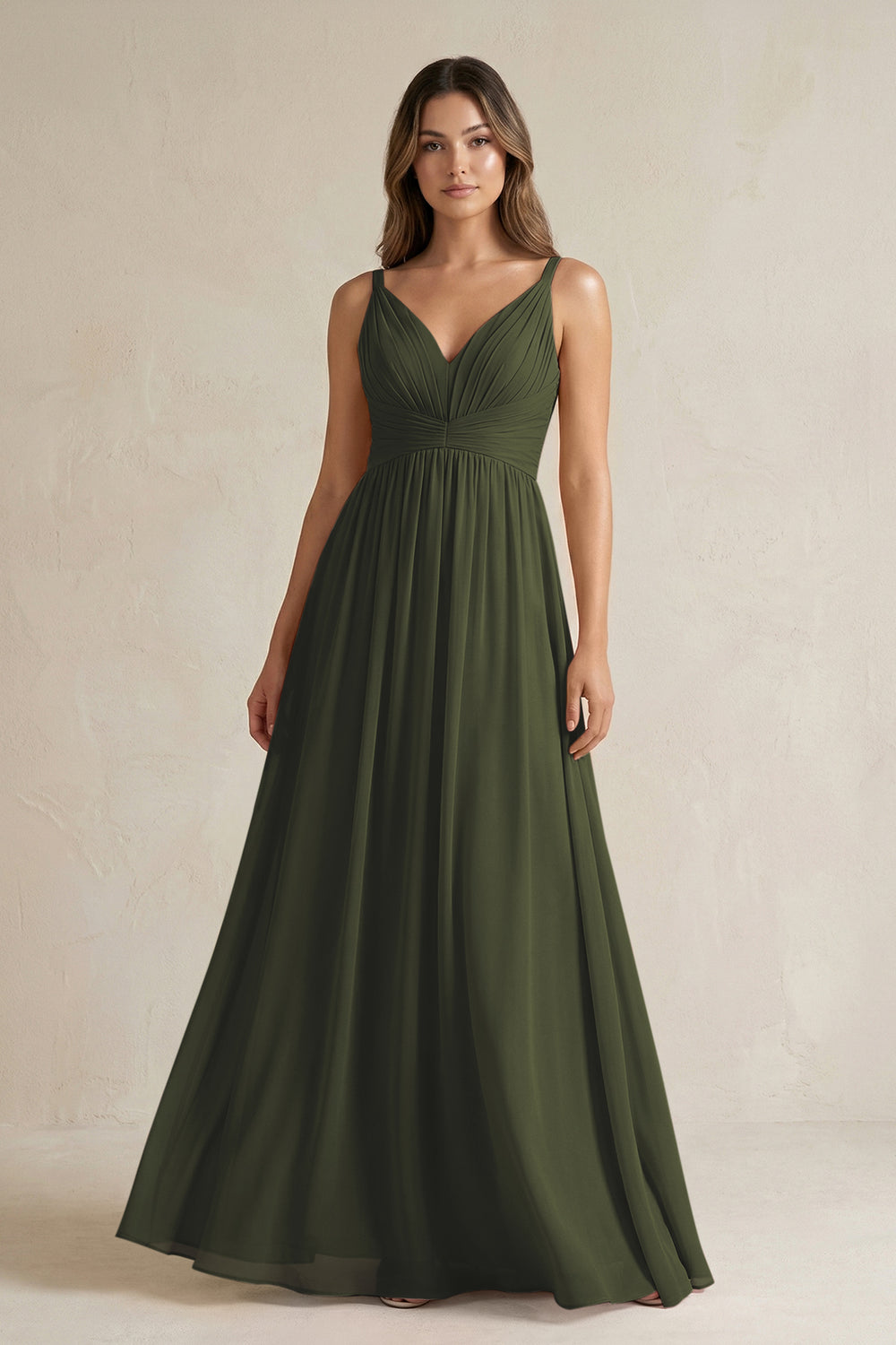 V-Neck Pleated A-Line Chiffon Bridesmaid Dress in Olive