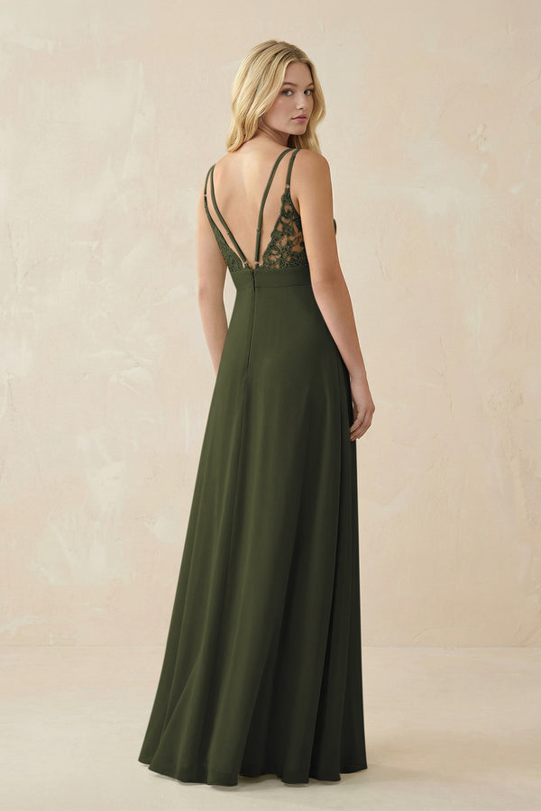 Olive V-Neck Ruched Chiffon Bridesmaid Dress with Slit (2) | KISSBRIDAL