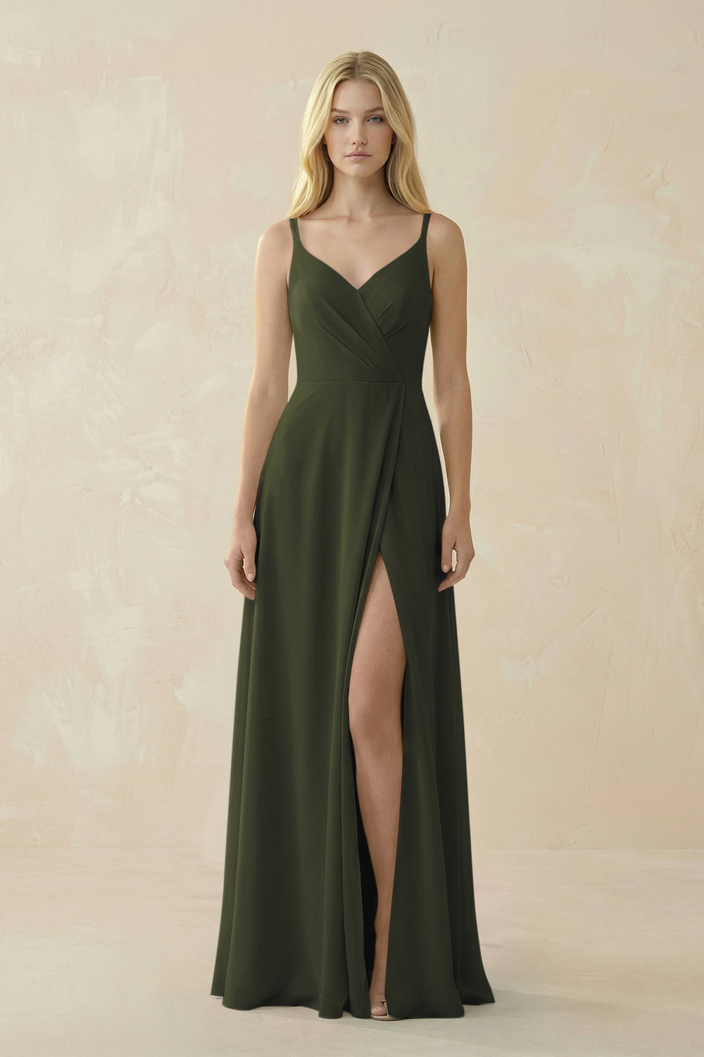 V-Neck Ruched Chiffon Bridesmaid Dress with Slit in Olive