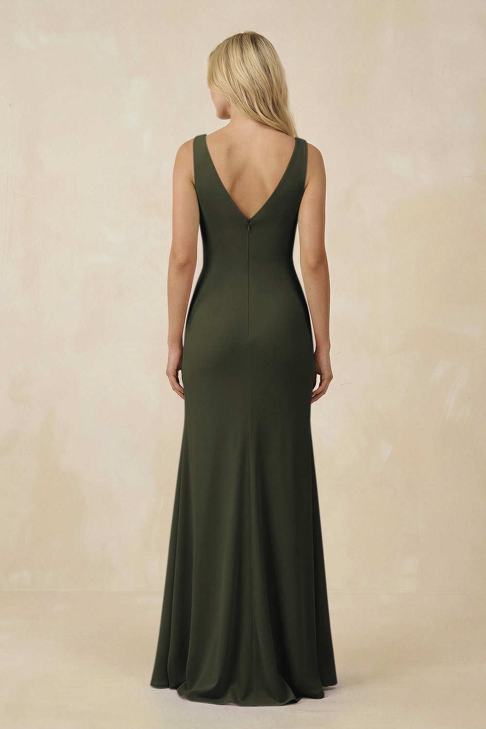 V-Neck Ruched Sheath Bridesmaid Dress with Slit in Olive
