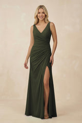 Olive V-Neck Ruched Sheath Bridesmaid Dress with Slit | KISSBRIDAL