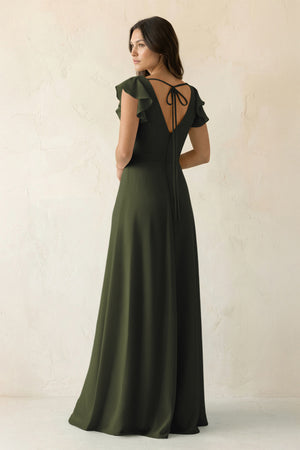 Olive V-Neck Ruffled A-Line Chiffon Bridesmaid Dress (2) | KISSBRIDAL