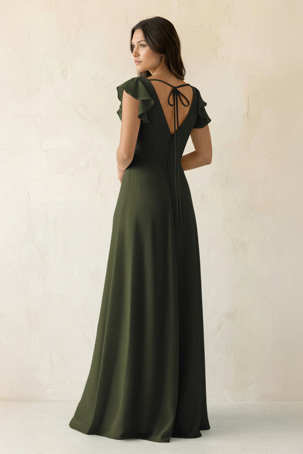 Olive V-Neck Ruffled A-Line Chiffon Bridesmaid Dress (2) | KISSBRIDAL