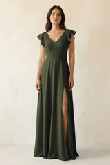 Olive V-Neck Ruffled A-Line Chiffon Bridesmaid Dress | KISSBRIDAL