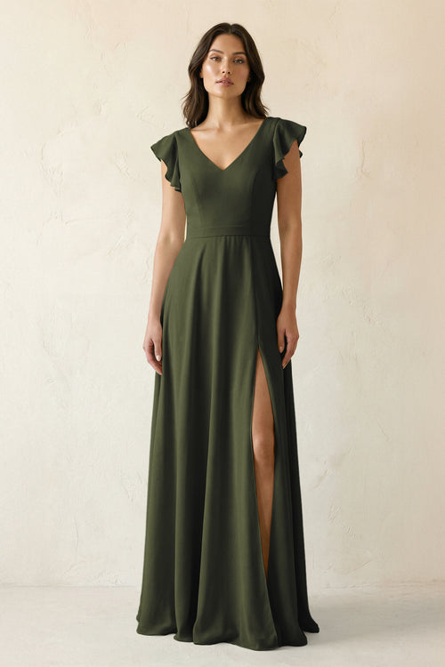 Olive V-Neck Ruffled A-Line Chiffon Bridesmaid Dress | KISSBRIDAL