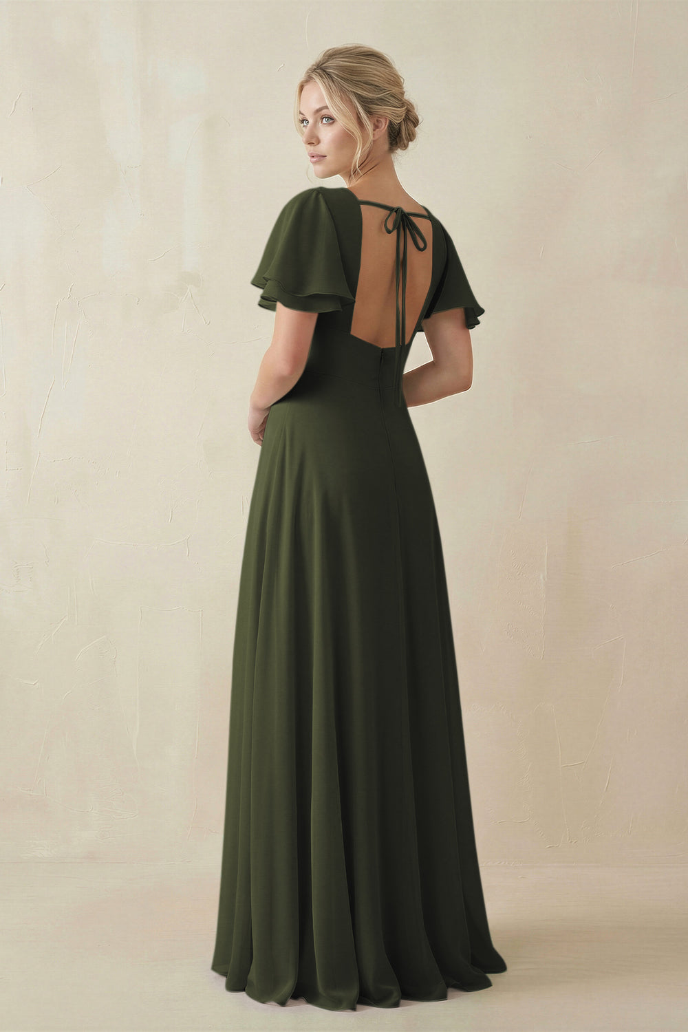 V-Neck Ruffled Short Sleeves A-Line Bridesmaid Dress in Olive