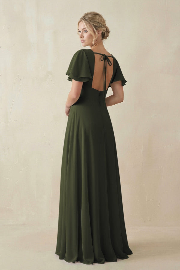 Olive V-Neck Ruffled Short Sleeves A-Line Bridesmaid Dress (2) | KISSBRIDAL