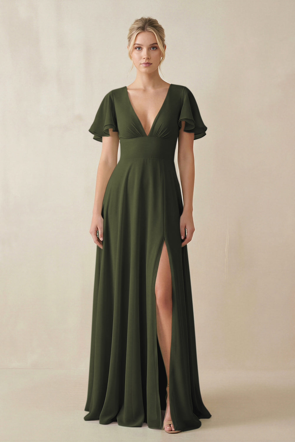 V-Neck Ruffled Short Sleeves A-Line Bridesmaid Dress in Olive