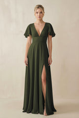 Olive V-Neck Ruffled Short Sleeves A-Line Bridesmaid Dress | KISSBRIDAL