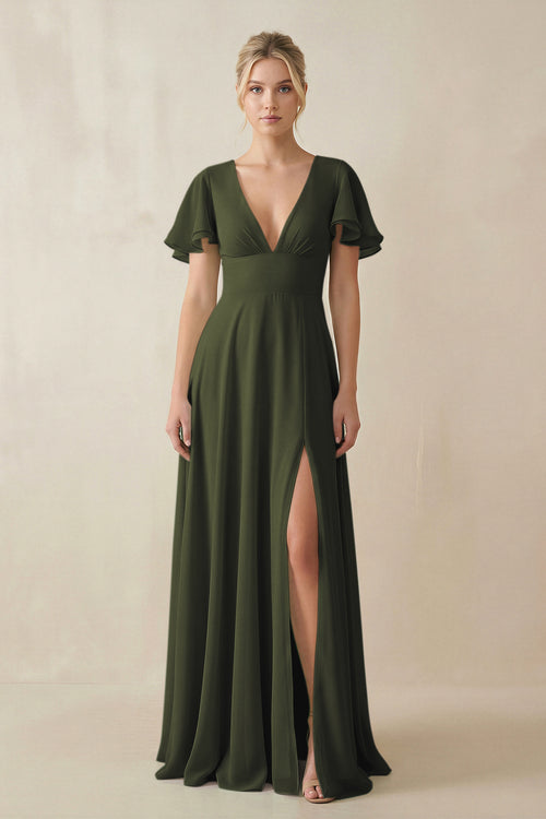 Olive V-Neck Ruffled Short Sleeves A-Line Bridesmaid Dress | KISSBRIDAL