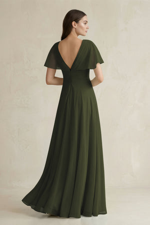 Olive V-Neck Ruffled Sleeve A-Line Chiffon Bridesmaid Dress (2) | KISSBRIDAL