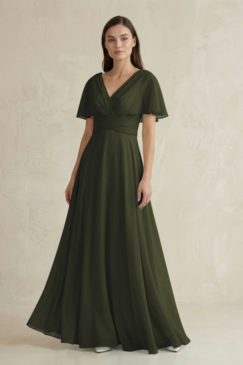 Olive V-Neck Ruffled Sleeve A-Line Chiffon Bridesmaid Dress | KISSBRIDAL