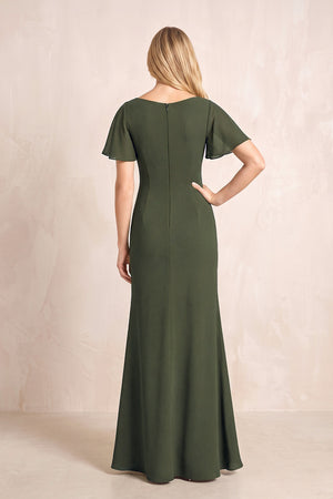 Olive V-Neck Sheath Chiffon Ruffled Short Sleeves Mother of the Bride Dress with Slit (2) | KISSBRIDAL