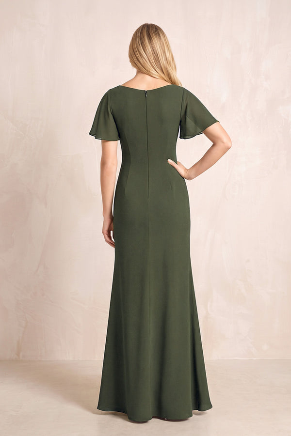 Olive V-Neck Sheath Chiffon Ruffled Short Sleeves Mother of the Bride Dress with Slit (2) | KISSBRIDAL