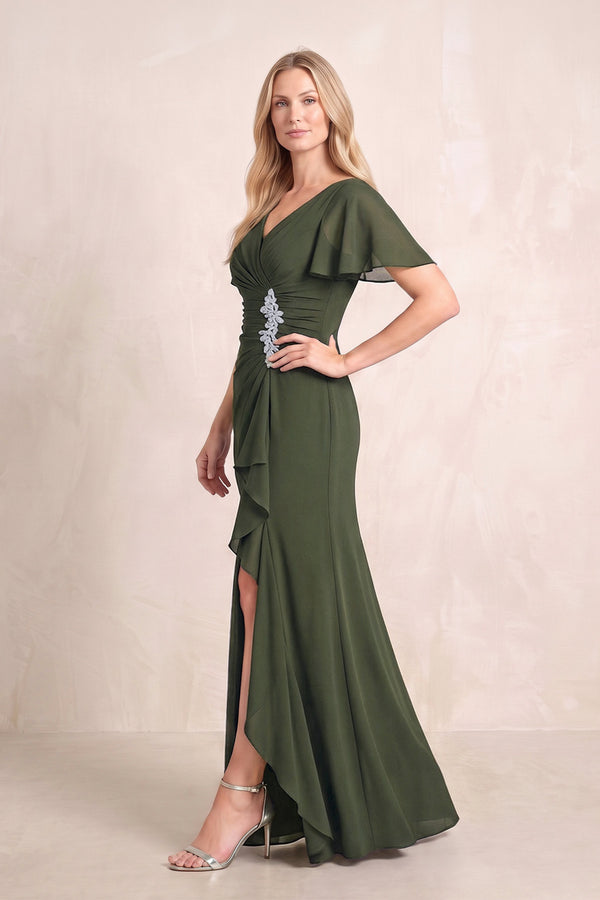 Olive V-Neck Sheath Chiffon Ruffled Short Sleeves Mother of the Bride Dress with Slit (3) | KISSBRIDAL