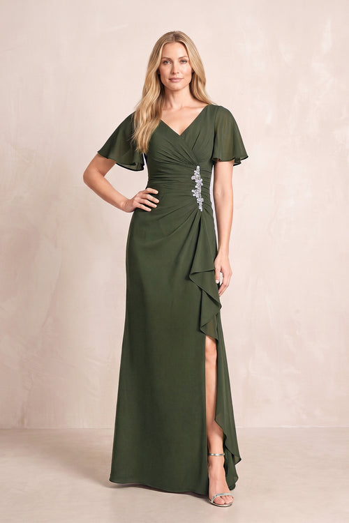 Olive V-Neck Sheath Chiffon Ruffled Short Sleeves Mother of the Bride Dress with Slit | KISSBRIDAL