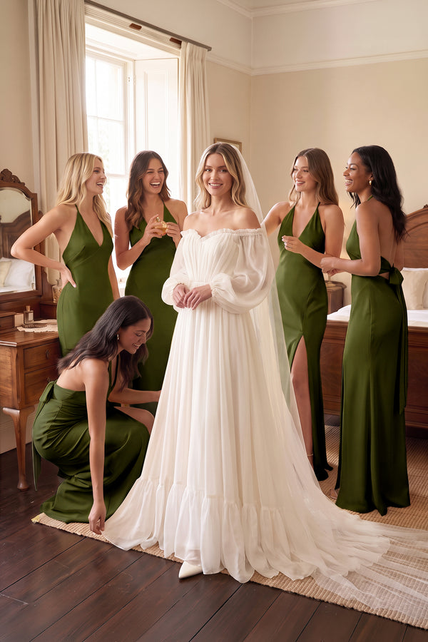 Olive V-Neck Sheath Satin Bridesmaid Dress with Bow | KISSBRIDAL