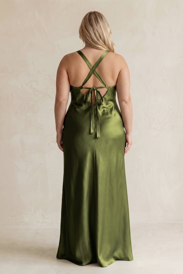 Olive V-Neck Sheath Satin Bridesmaid Dress With Slit (2) | KISSBRIDAL