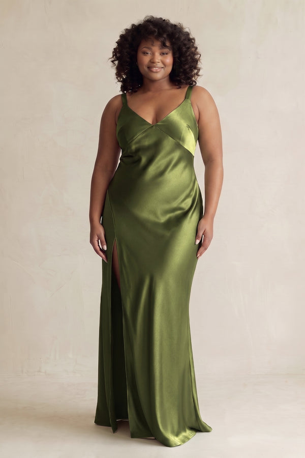 Olive V-Neck Sheath Satin Bridesmaid Dress With Slit (3) | KISSBRIDAL