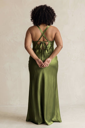 Olive V-Neck Sheath Satin Bridesmaid Dress With Slit (4) | KISSBRIDAL