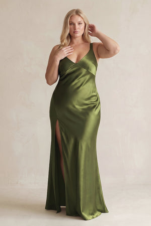 Olive V-Neck Sheath Satin Bridesmaid Dress With Slit | KISSBRIDAL