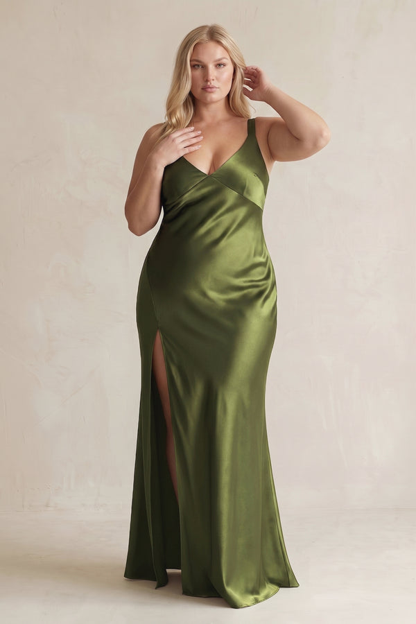 Olive V-Neck Sheath Satin Bridesmaid Dress With Slit | KISSBRIDAL