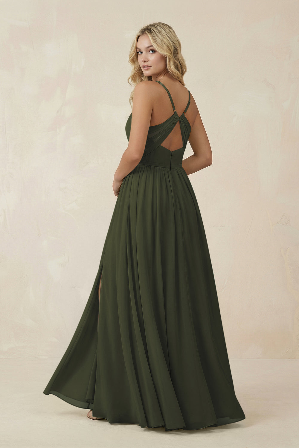 V-Neck Spaghetti Strap A-Line Chiffon Bridesmaid Dress in Olive