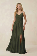 Olive V-Neck Spaghetti Strap A-Line Chiffon Bridesmaid Dress | KISSBRIDAL
