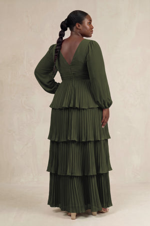 Olive V-Neck Tiered A-Line Long Sleeve Bridesmaid Dress (2) [sizeplus] | KISSBRIDAL