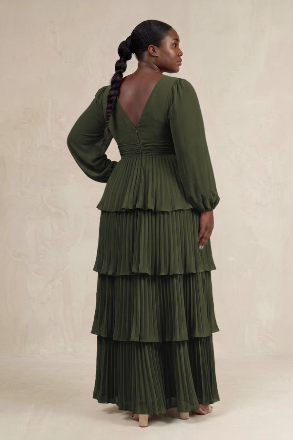 Olive V-Neck Tiered A-Line Long Sleeve Bridesmaid Dress (2) [sizeplus] | KISSBRIDAL
