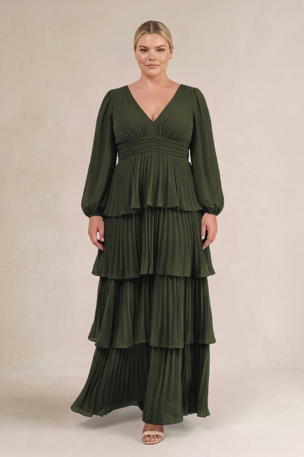Olive V-Neck Tiered A-Line Long Sleeve Bridesmaid Dress (3) [sizeplus] | KISSBRIDAL