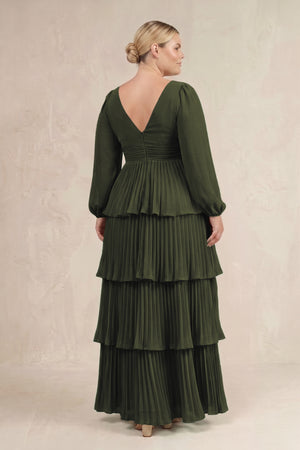 Olive V-Neck Tiered A-Line Long Sleeve Bridesmaid Dress (4) [sizeplus] | KISSBRIDAL