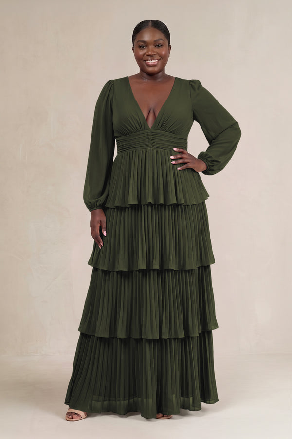Olive V-Neck Tiered A-Line Long Sleeve Bridesmaid Dress [sizeplus] | KISSBRIDAL