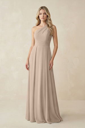 One - Shoulder A - Line Chiffon Bridesmaid Dress in Almond - SHE IS ME Bridesmaid Dresses