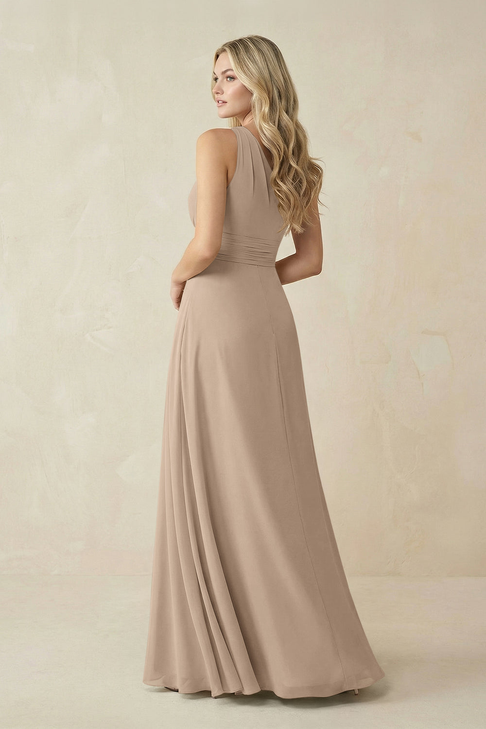 One-Shoulder A-Line Chiffon Bridesmaid Dress in Almond