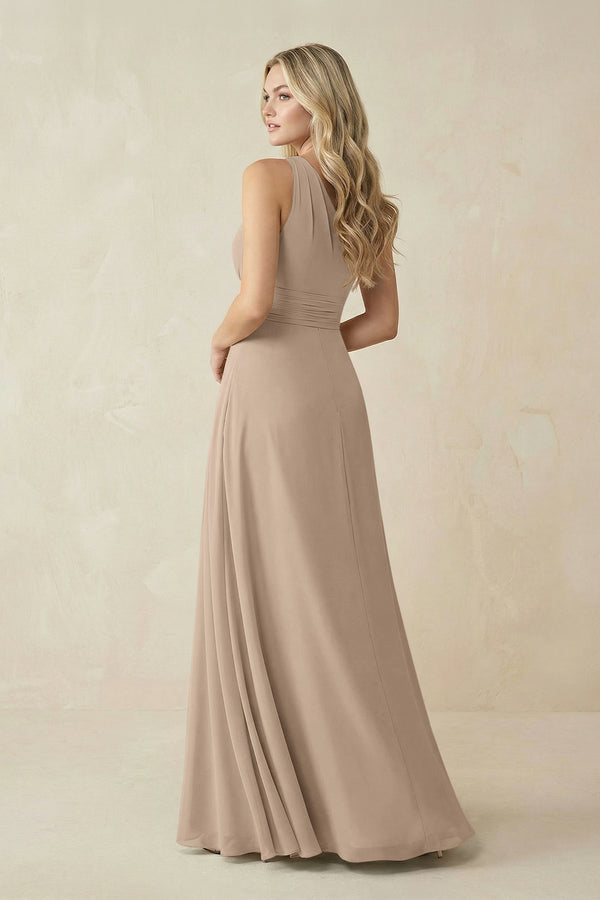 One-Shoulder A-Line Chiffon Bridesmaid Dress in Almond (2) | KISSBRIDAL